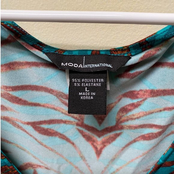 Moda International Cold Shoulder Teal and Brown Dress, Large, Pre-Owned - Picture 7 of 7